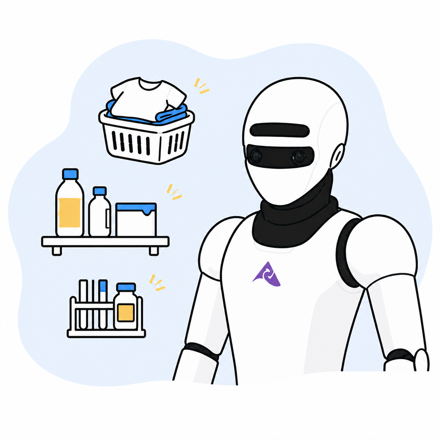 Astribot S1 with illustrated laundry, retail restocking, and laboratory handling objects.